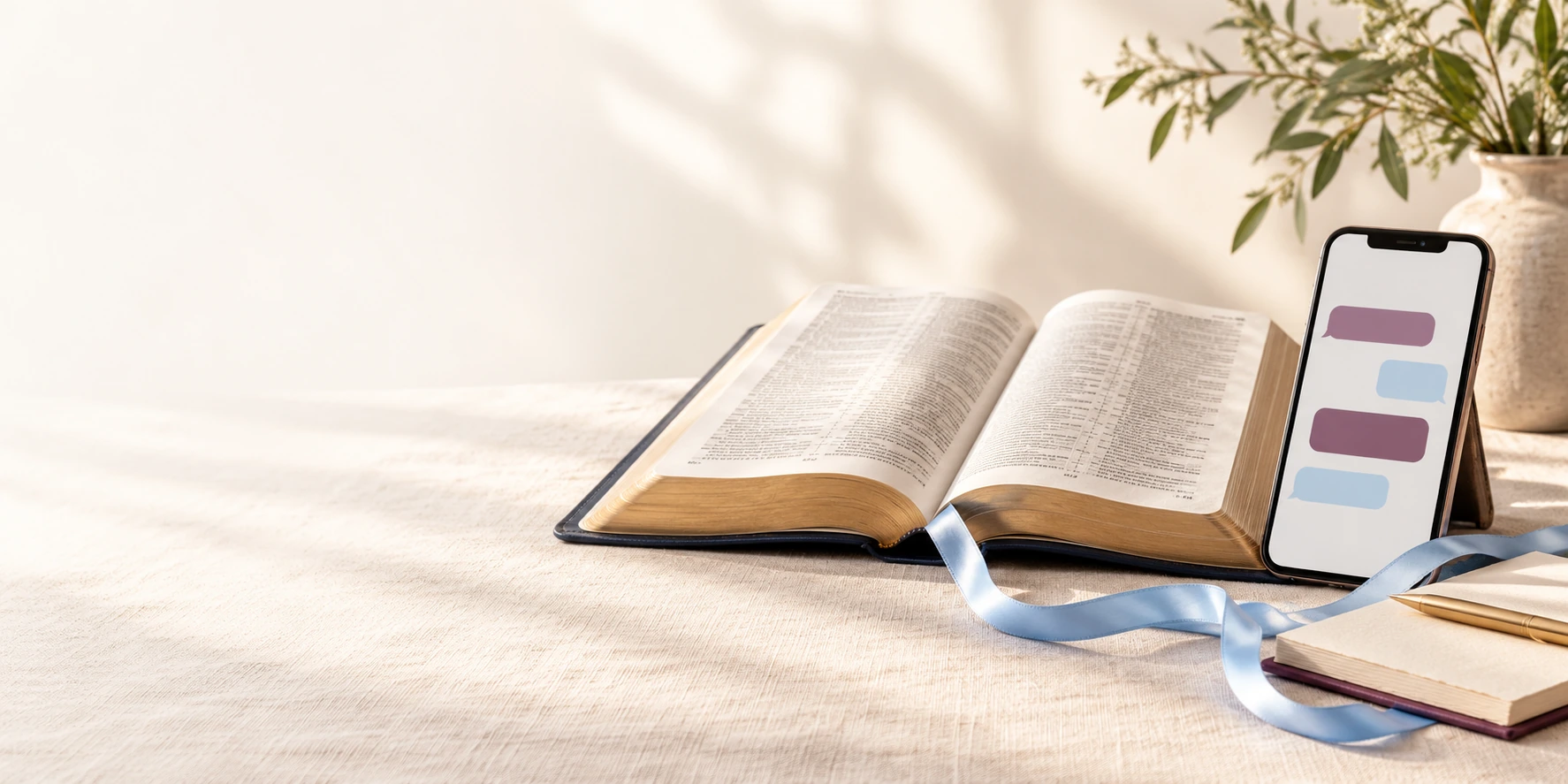 An open Bible beside a phone, joined by a soft blue ribbon on an ivory tabletop.