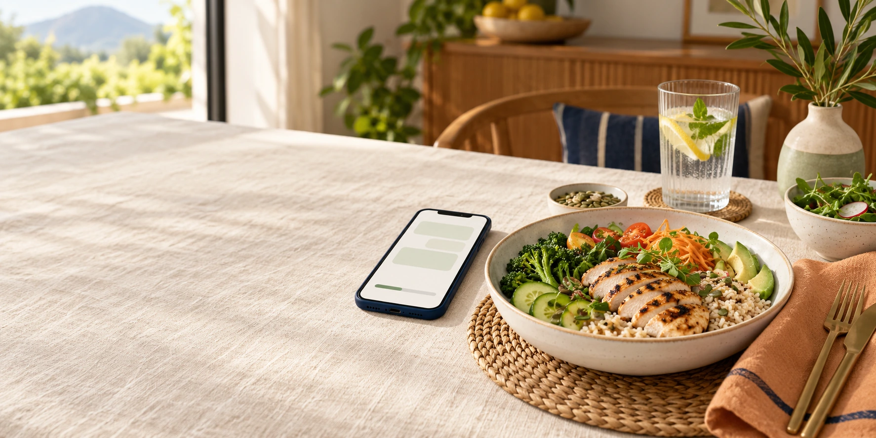 A wholesome lunch beside a phone, styled in soft sage and apricot.