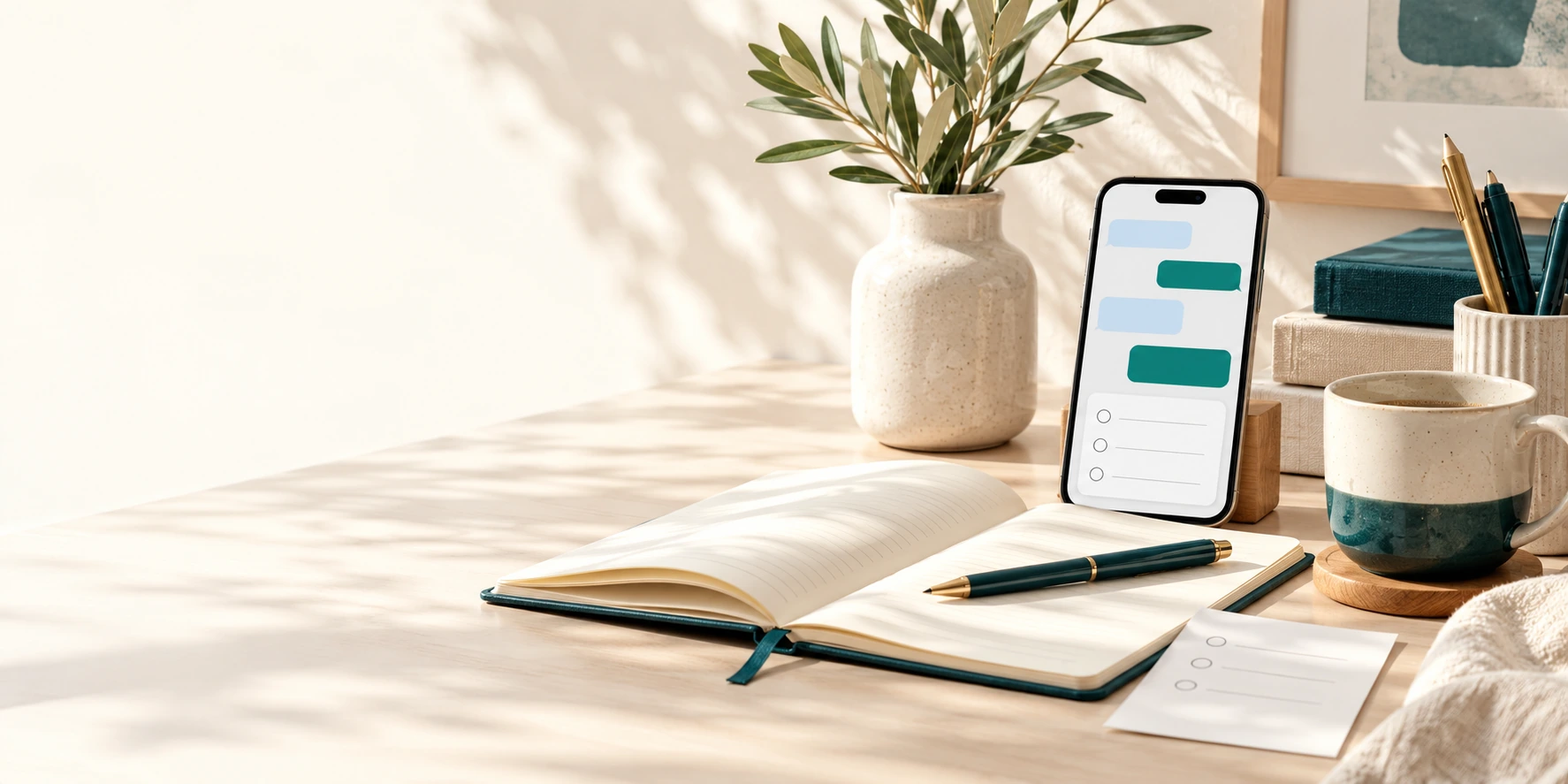 A notebook and phone on a calm desk, ready to capture everyday ideas.