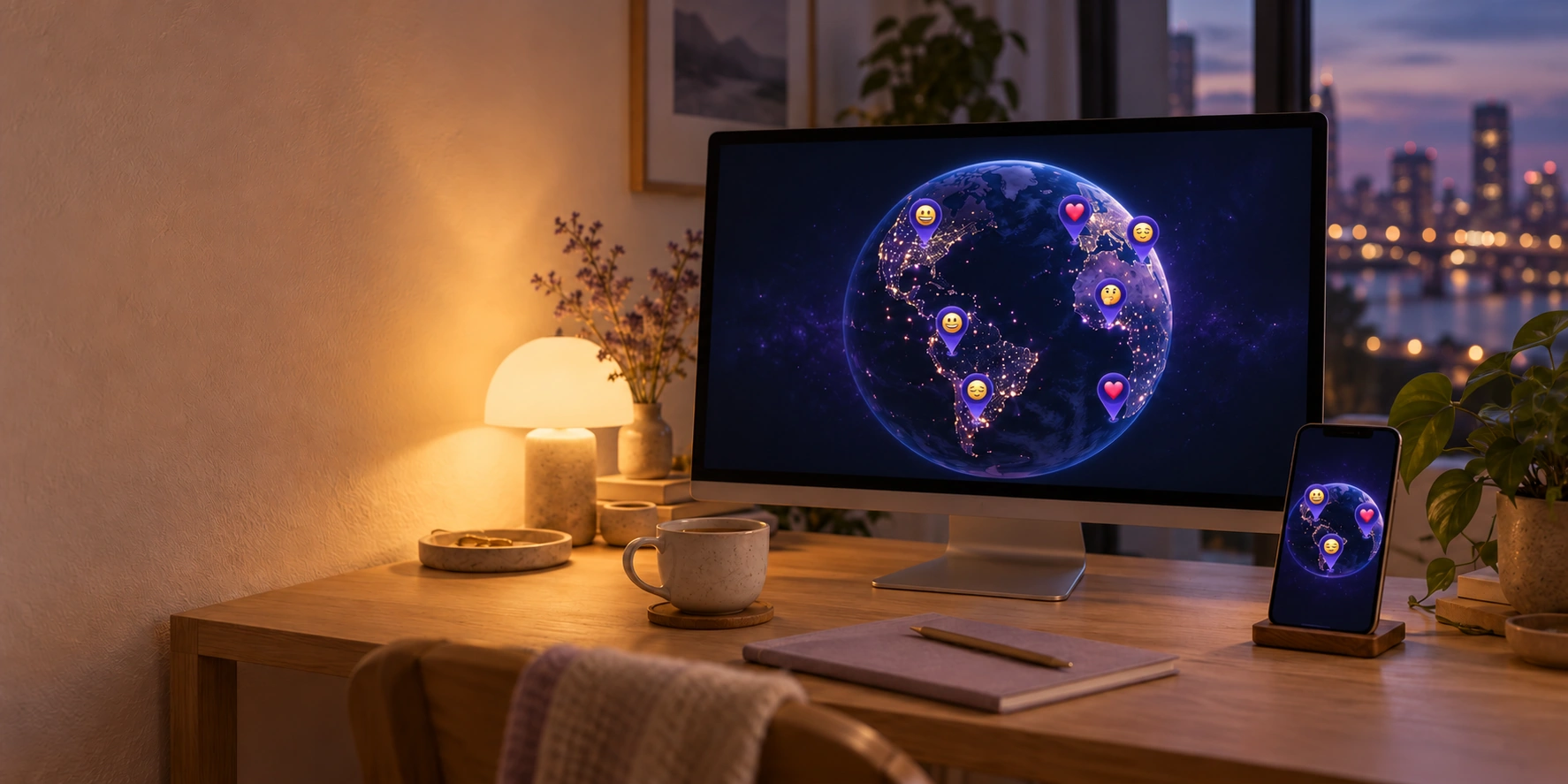 Emoji check-in pins on NightWatch-inspired globes, displayed on a monitor and phone in a quiet evening setting.