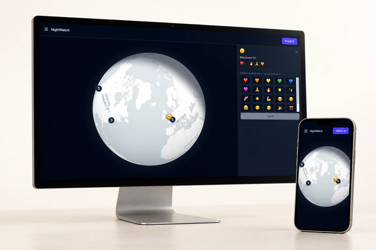NightWatch displayed on a realistic desktop monitor and cellphone, with its globe and mood check-ins.